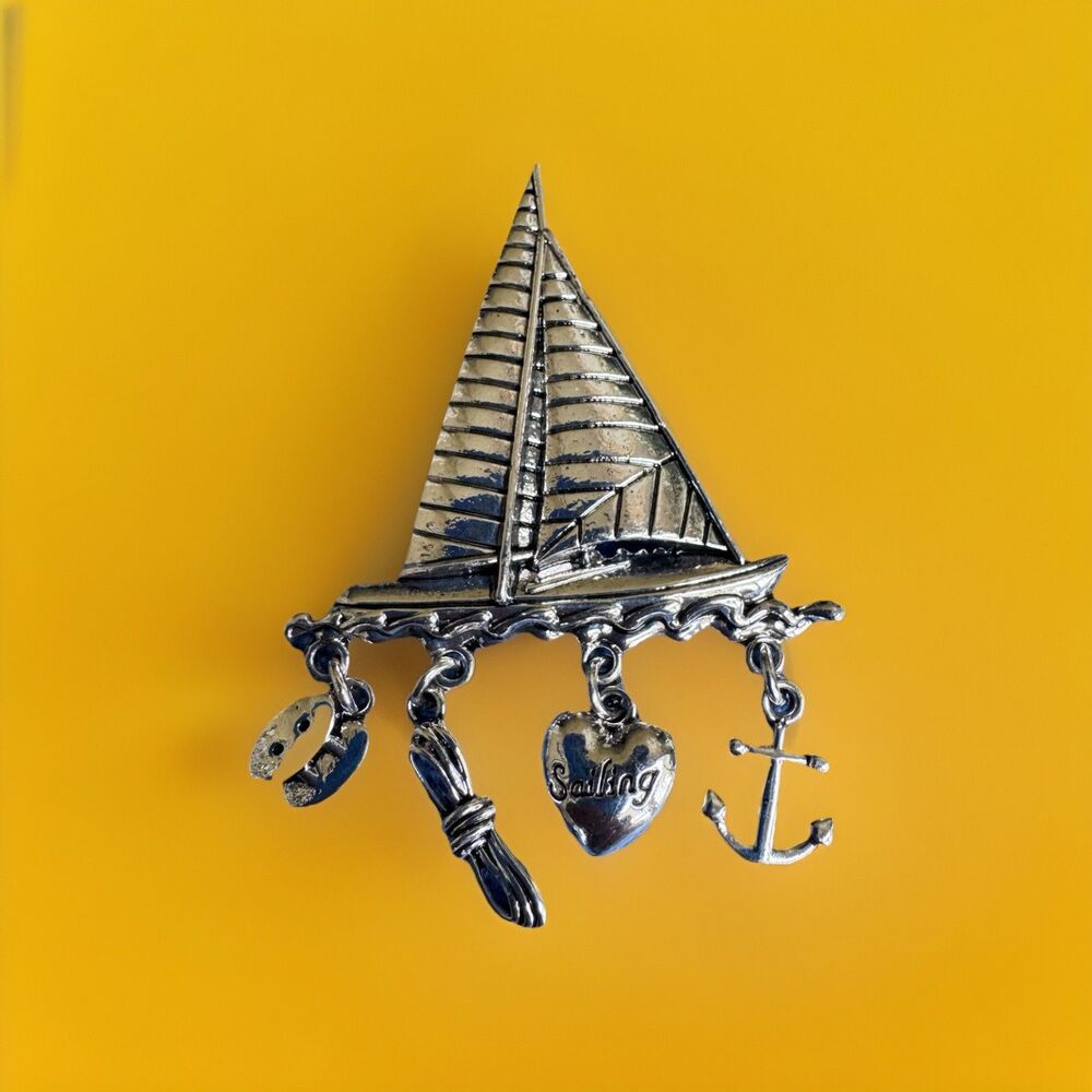 Vintage Sailing Sailboat Dangle Charm Brooch Pin Nautical Anchor Rope Heart